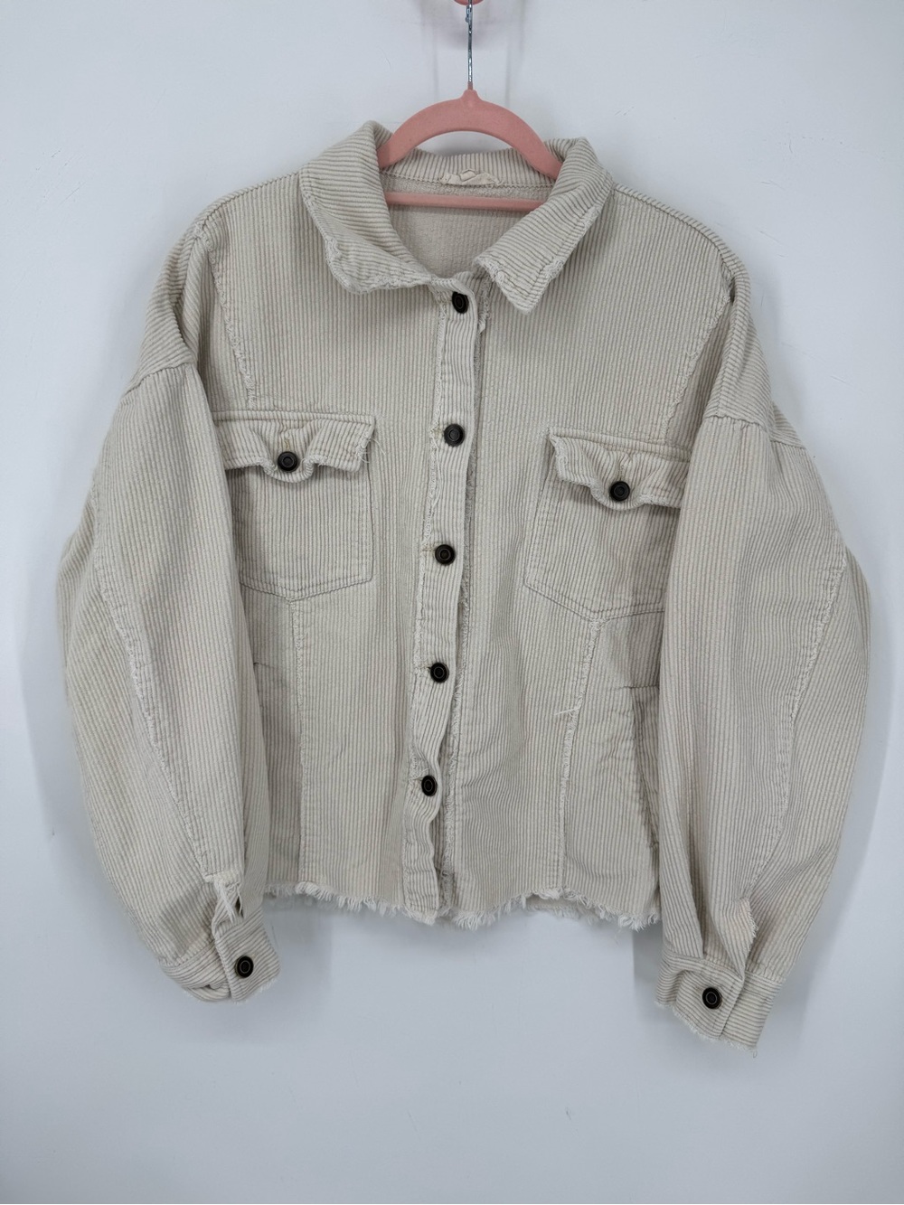La Miel Cream Corduroy Shacket Oversized Boho Fringe Raw Hem Chic Size Large